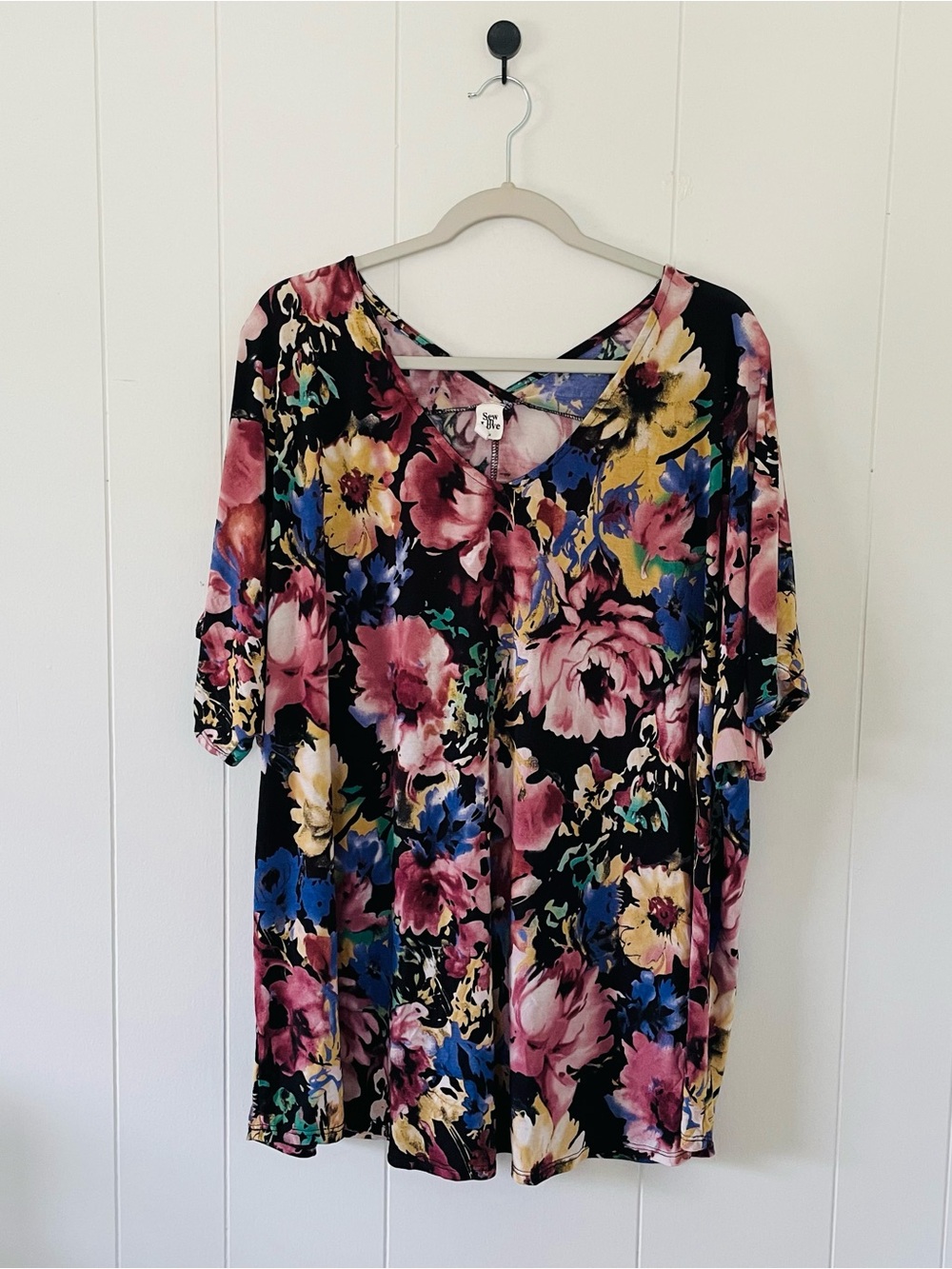 Floral V-Neck Blouse in Black and Pink - Soft Stretch Top